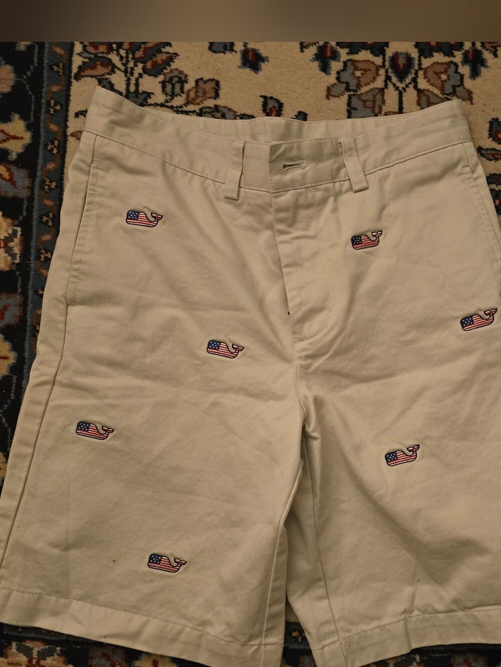 Vineyard Vines khaki cotton shorts with red white & blue logo embroidered whales